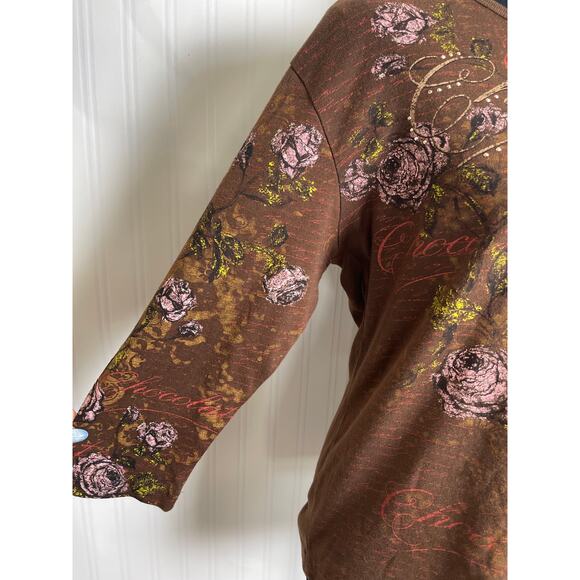 Studio Collection Rhinestones Novelty Parisian 3/4 Blouse Women's M Brown Y2K - Picture 3 of 9